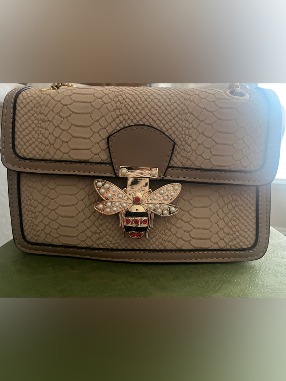 Beige Textured Crossbody Bag with Bee Accent